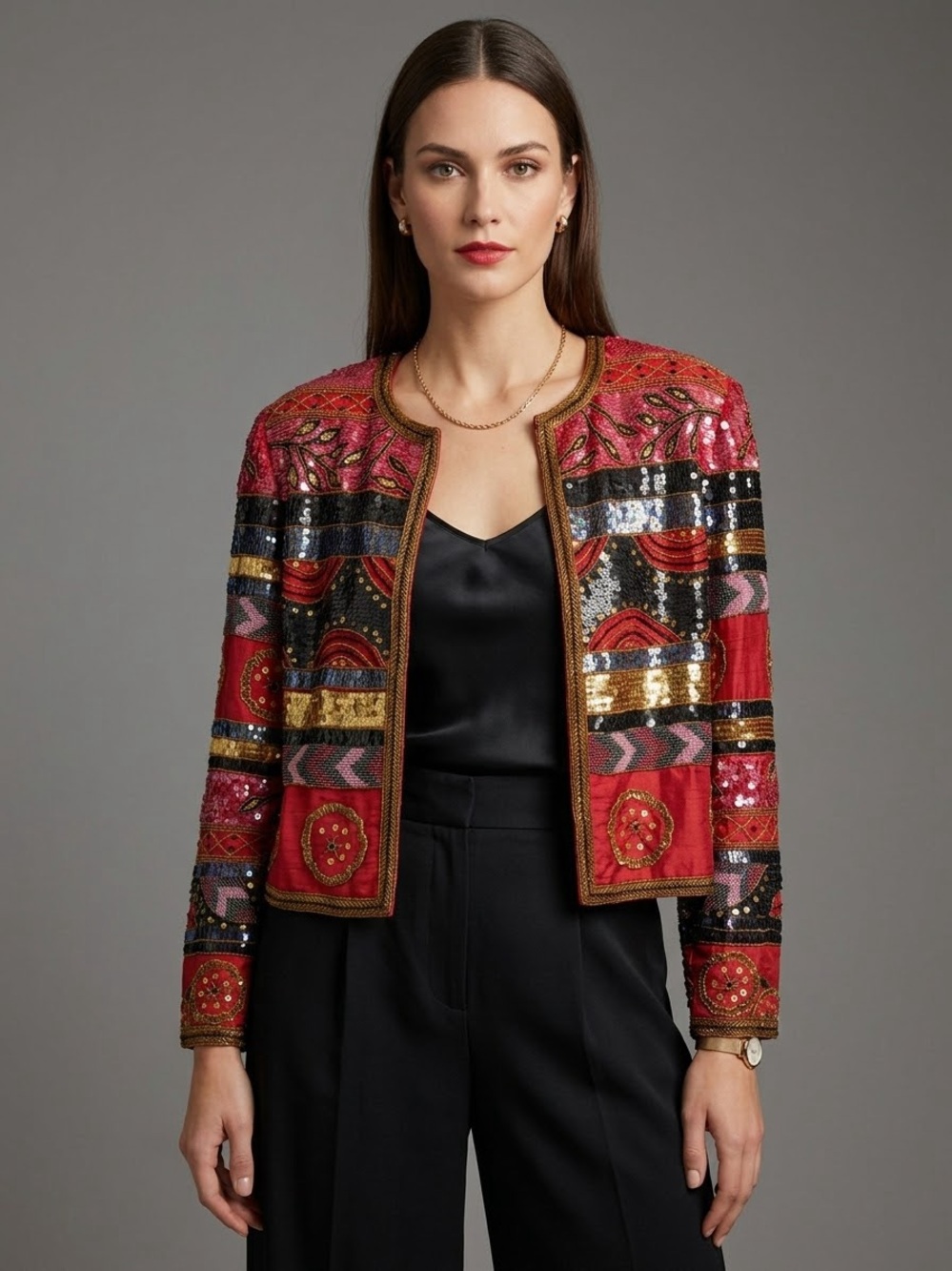 Papell Boutique Evening Vintage Silk Sequin Beaded Jacket Red Gold PM